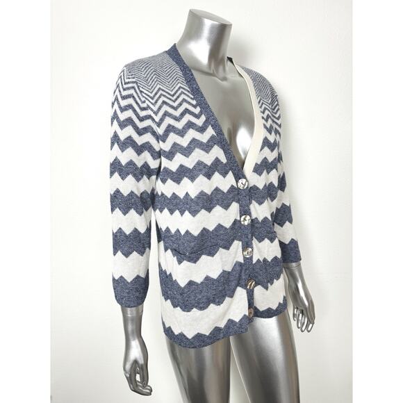 Zig Zag Cardigan Sweater Cotton Cashmere Blue White Zoe Couture M - Picture 2 of 9